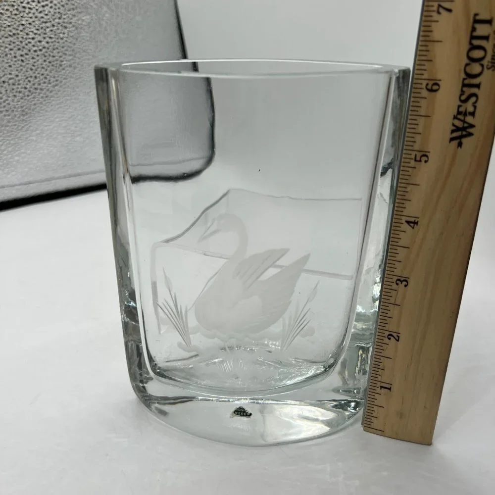 SMALANDSHYTTAN JOSEF SCHOTT Crystal Etched Vase ~ Heavy Art Glass Oval Vase with